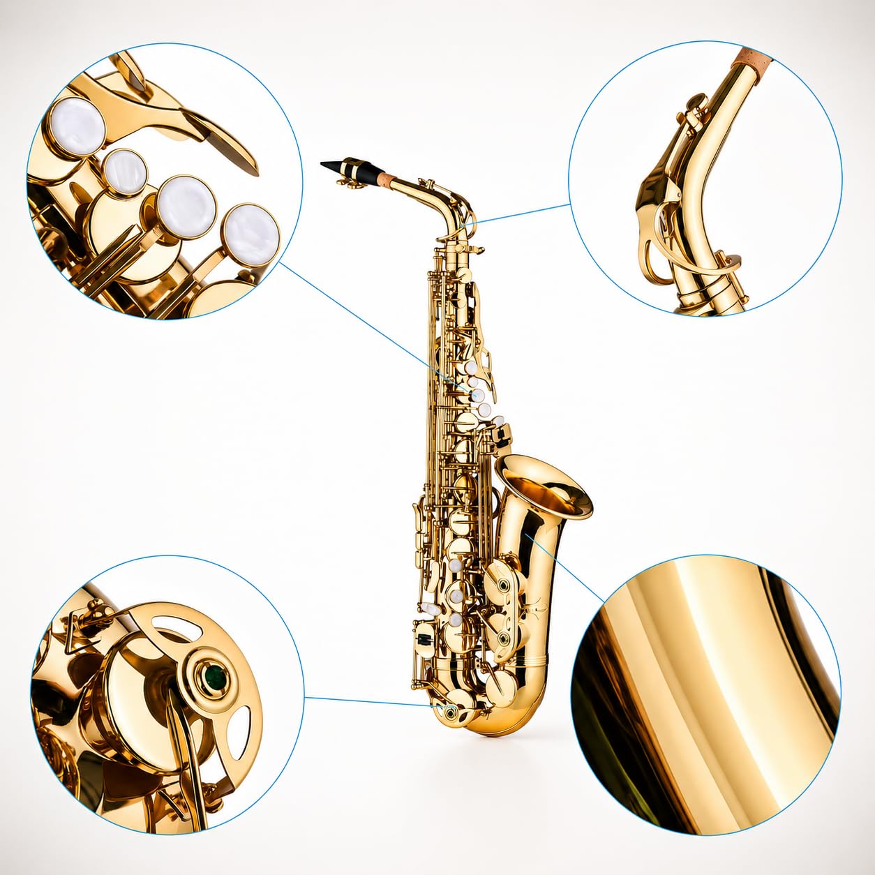 Saxofón alto Eb, saxofón de latón con patrón tallado, incluye boquilla de plástico, guantes, paño de limpieza, cepillo y correas