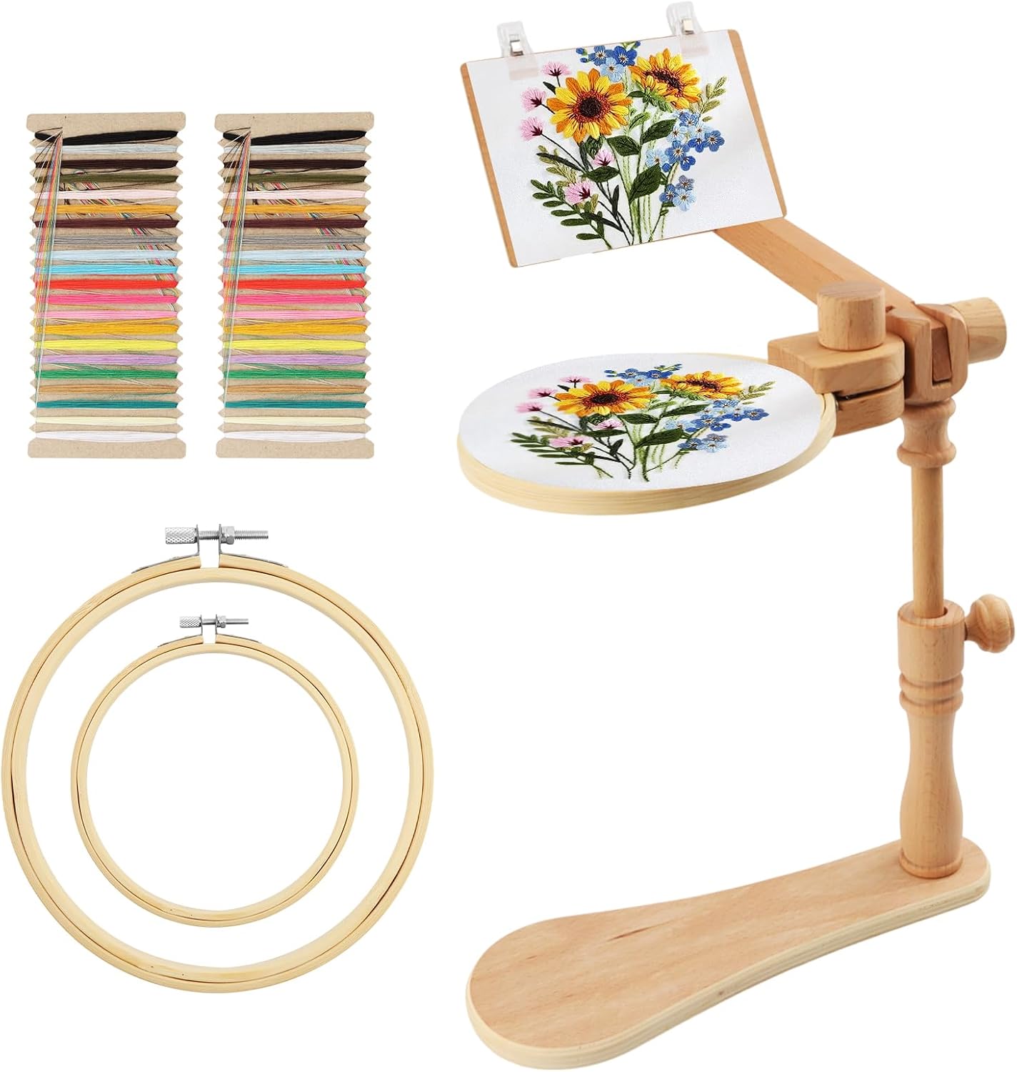 Adjustable Embroidery Hoop Stand, Beech Wood Tabletop Embroidery Hoop Frame with 2 Pcs 3.7" & 6.3" Diameter Bamboo Hoops, 360° Rotating Cross Stitch Needlepoint Stand for Beginners and Hobbyists