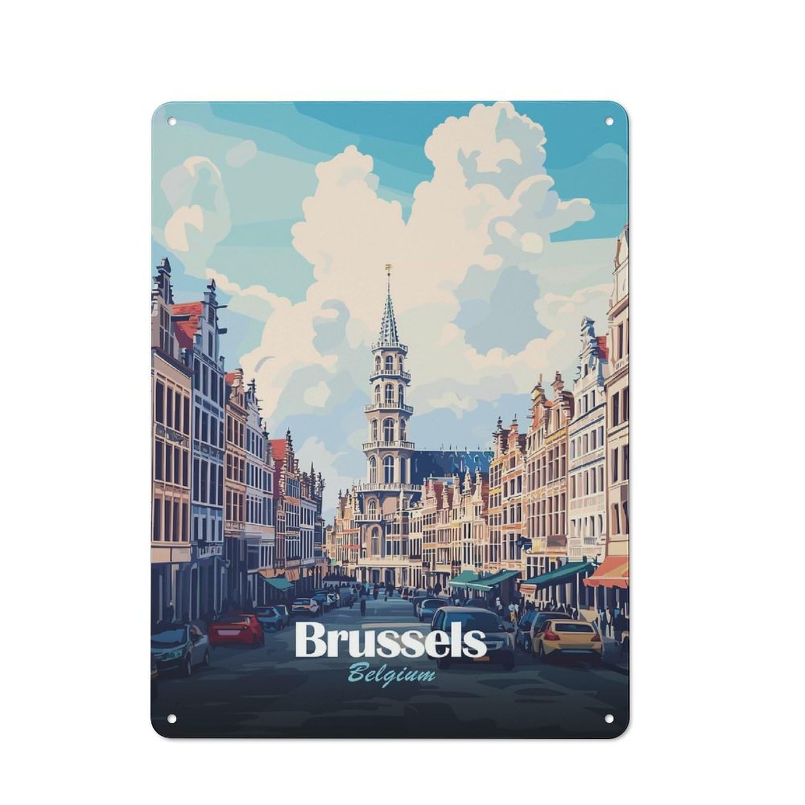 Junmoney Style-14 Brussels, Belgium Cityscape Illustration(2) Printed Metal Sign 40X30cm For Café Or Home Bar, For Kitchen And Home Bar Decor, For Cafés, Pubs And Restaurants