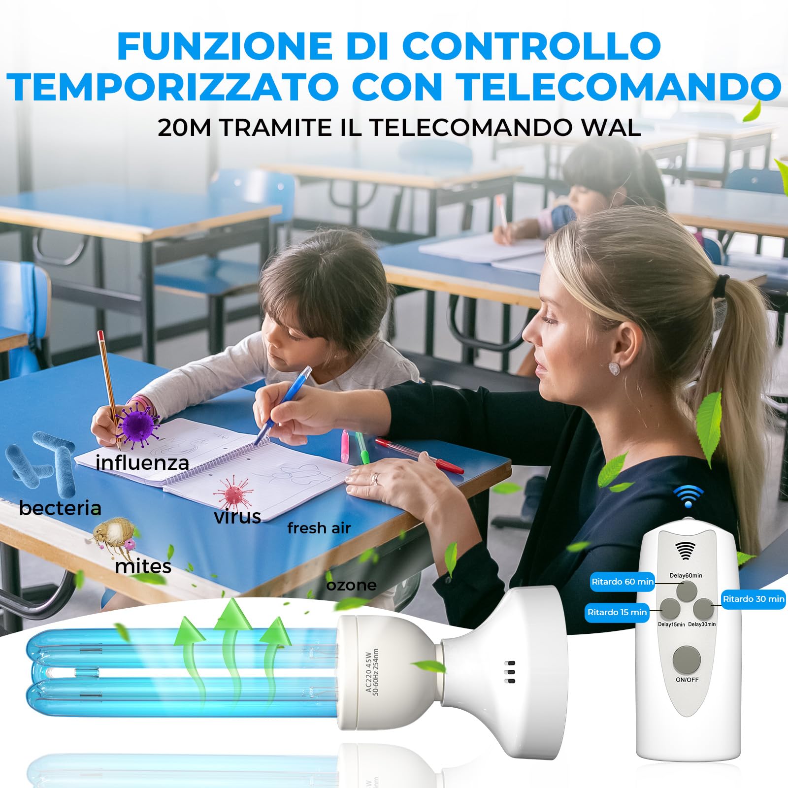 45W Lampada di Disinfezione Dell'ozono,E27 Lampada di Disinfezione UV con telecomando e timer,Lampada Germicida Con Luce Dell'ozono
