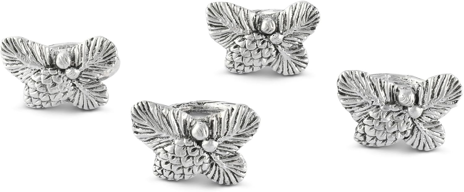 Arthur Court Rustic Forest Lodge Metal Pinecone Napkin Rings, Thanksgiving Table Christmas Cabin Home Tableware - Set of 4