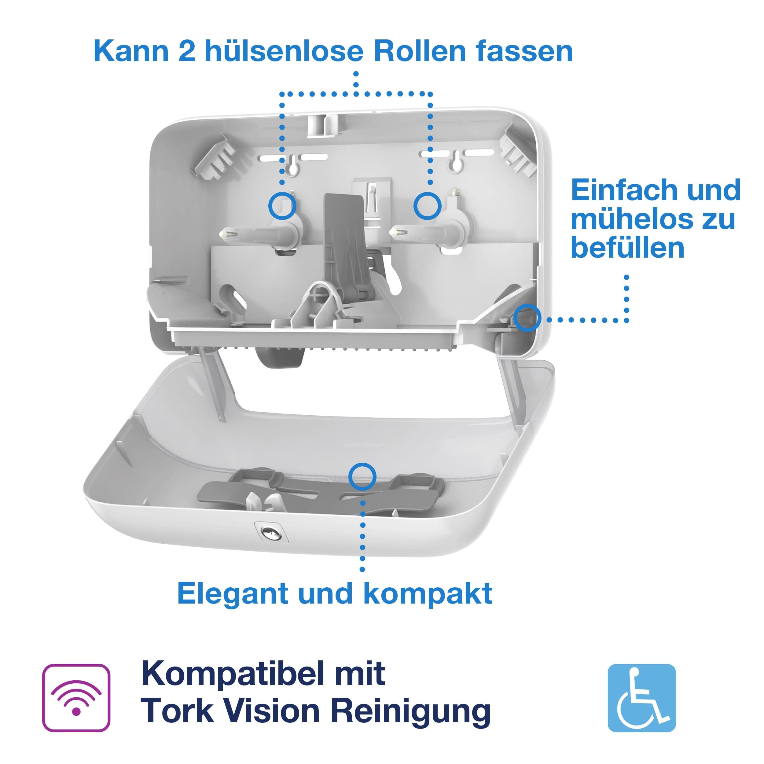 Tork OptiServe Doppelrollenspender für Hülsenloses Toilettenpapier Schwarz T7, horizontaler Toilettenrollenspender, Elevation Design, 558068