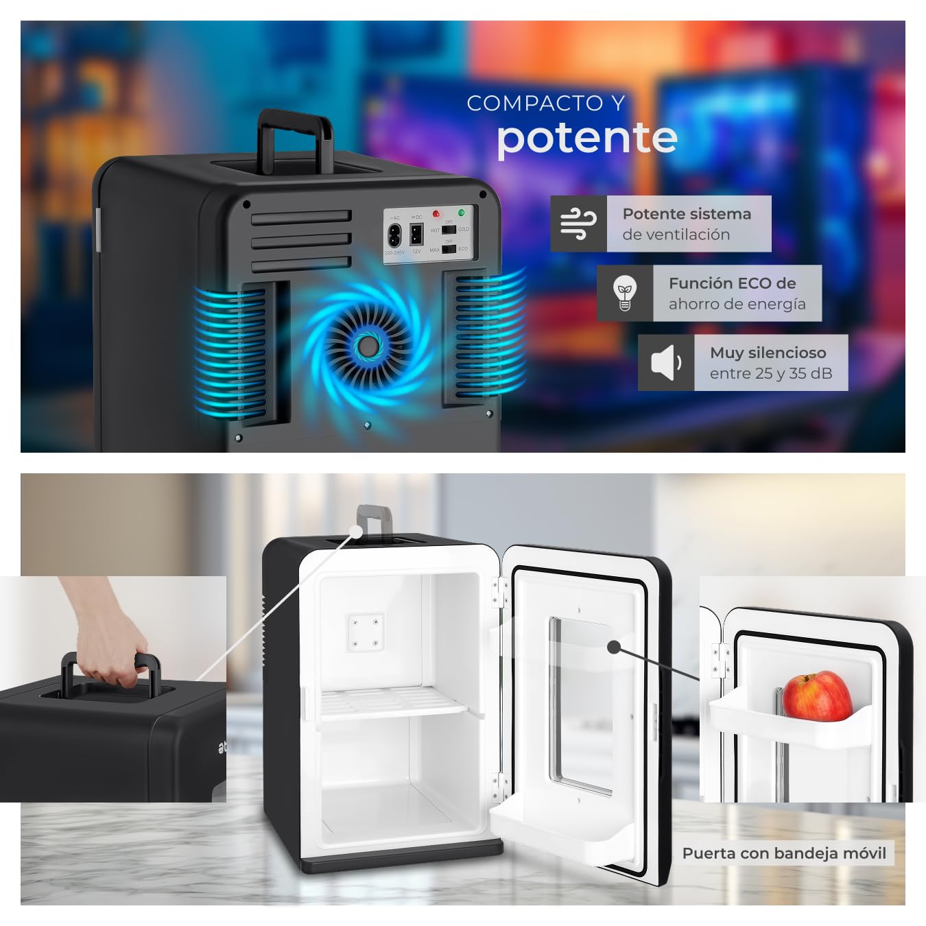 tectake® mini nevera portatil electrica, nevera pequeña para cosméticos, frigorificos pequeños 2 en 1 con función enfriamiento y calefacción, cables AC/DC y modo ECO - Negro