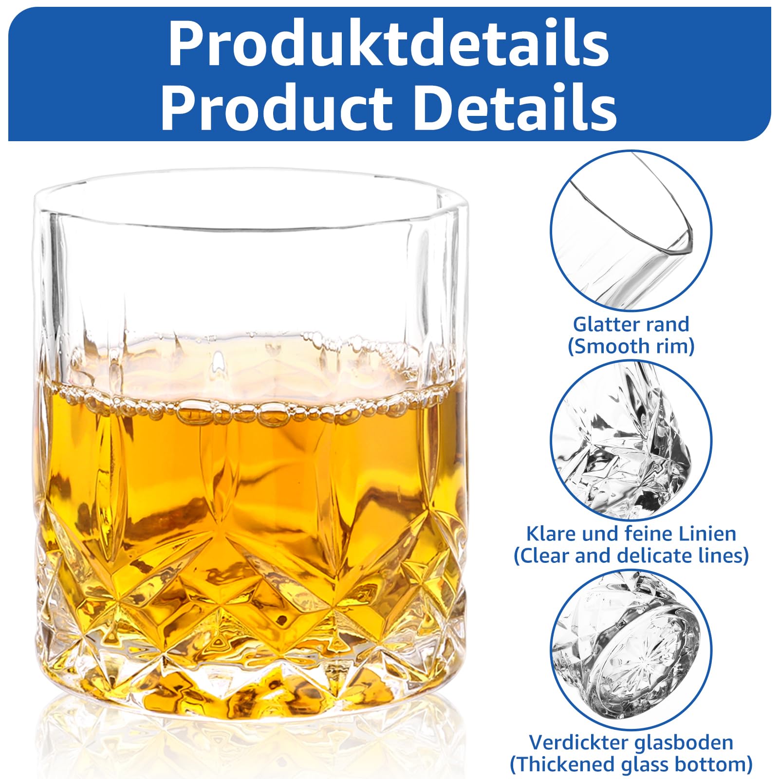 18 Stück Whisky Gläser, Whiskey Gläser 200ml, Kristallgläser mit Relieff, Tumbler Glas, Wiskeygläser- set, Whisky Glas Whyskigläserset Whiskey Glaser für Scotch, Bourbon, Cognac, Wodka und Likör