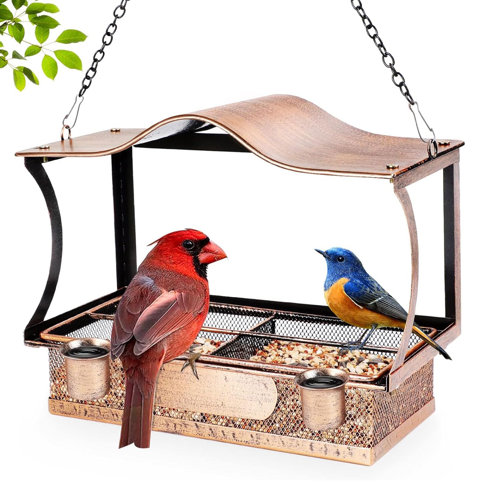 esmen Comederos Comedero para pájaros con Ventana de Metal 2 en 1 con Ganchos, Cadenas, comedero para pájaros Colgante Desmontable con Bebedero