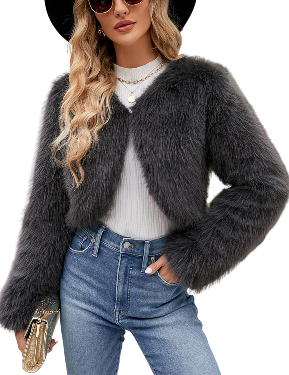 Gihuo Women's Winter Cropped Faux Fur Coat Long Sleeve Open Front Cardigan Fleece Jackets Shaggy Parka Outerwear