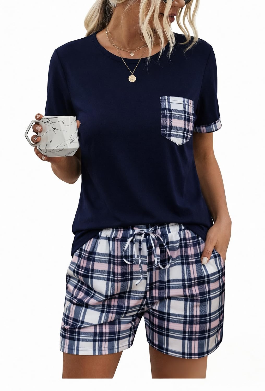Aseniza Schlafanzug Damen Kurz Baumwolle Shorty Pyjama Set Rundhals Zweiteiliger NachtwäSche Loungewear Frauen Karierter Druck Sleepwear Hausanzug für Sommer
