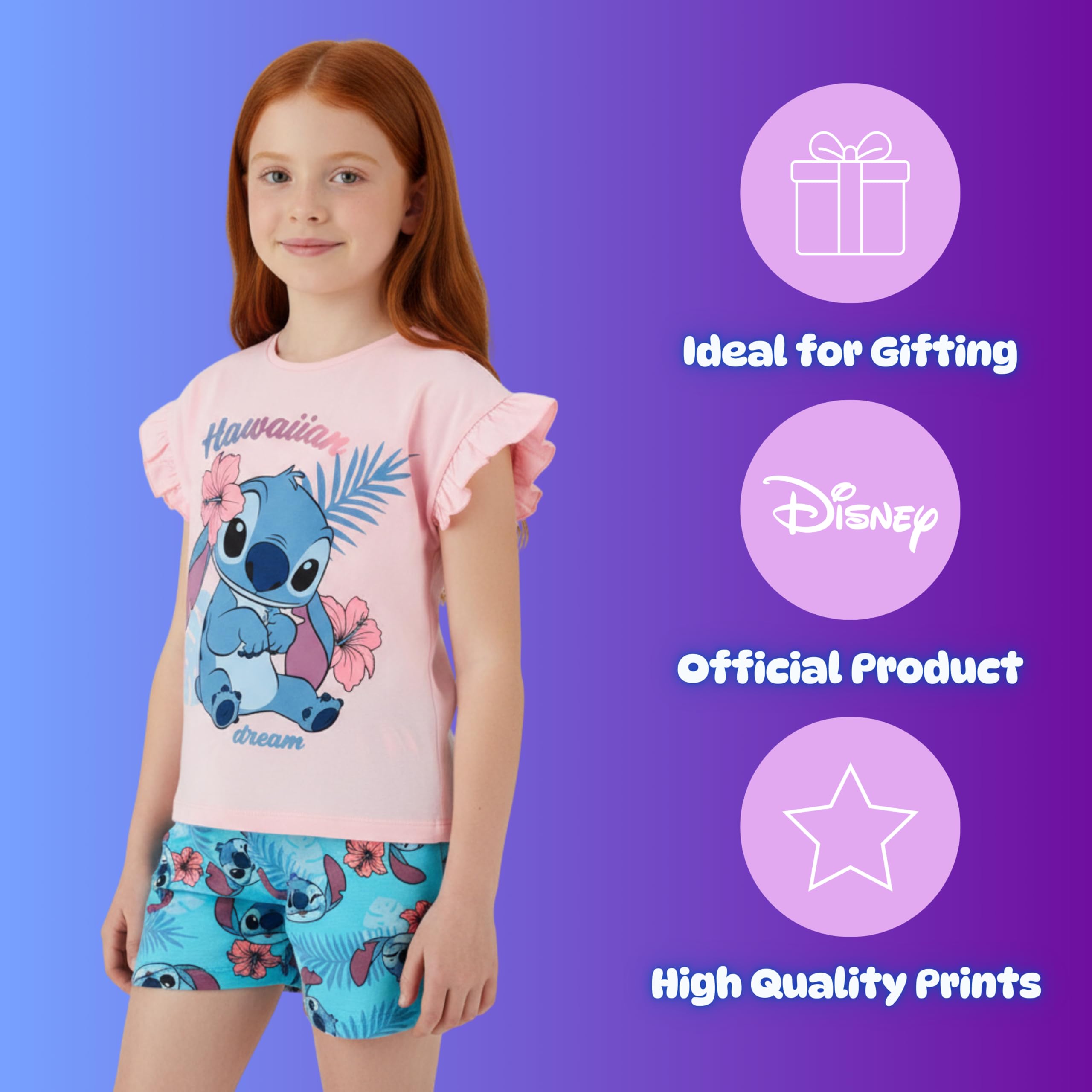 Disney Stitch Pyjama pour Fille, 'Hawaiian Dream' T-Shirt à Manches Courtes et Short en Coton, Tailles 3 à 8 Ans