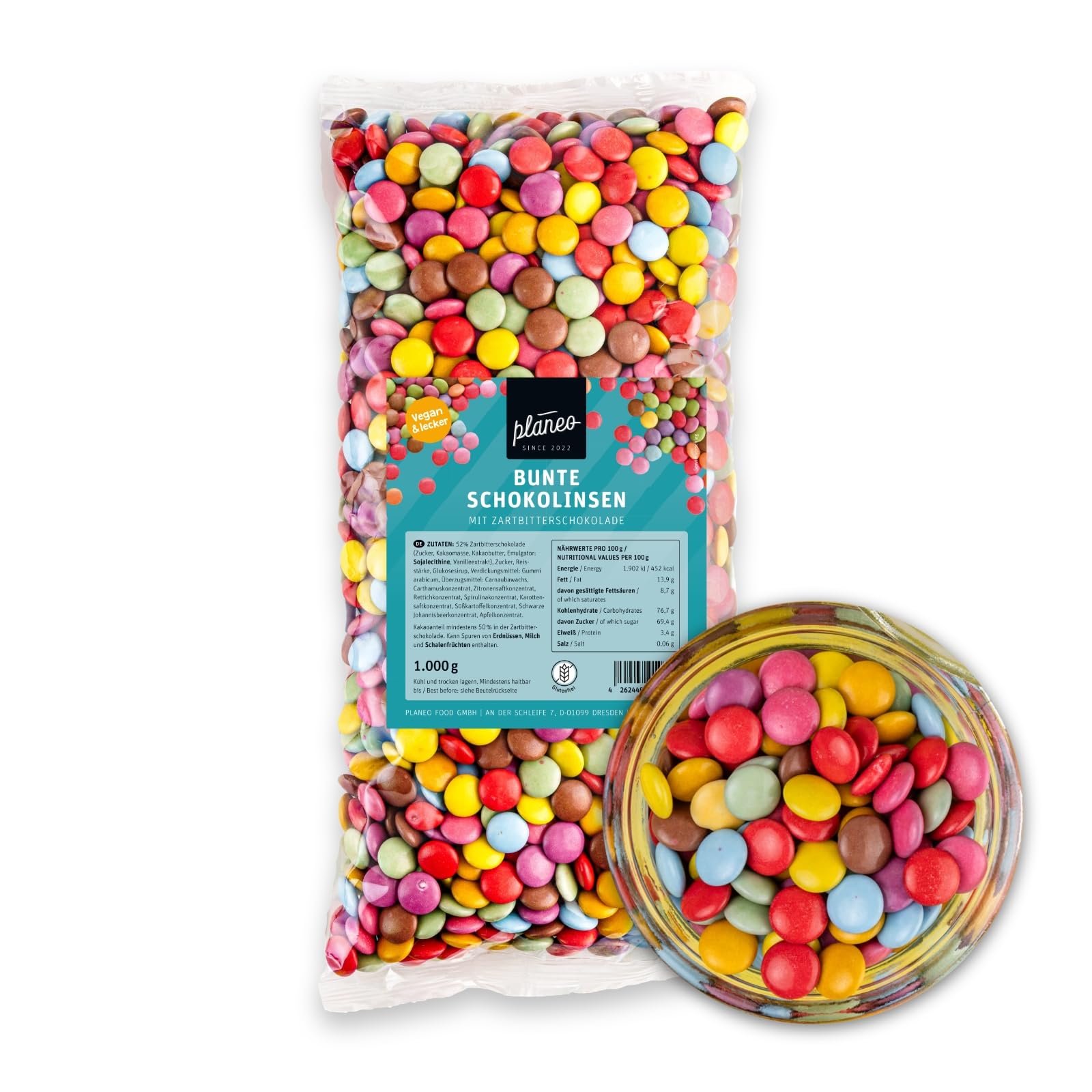 Planeo Vegane Bunte Schoko Linsen 1kg - Großpack - produziert in Deutschland - Beste Qualität - Gentechnikfrei, vegan, günstig
