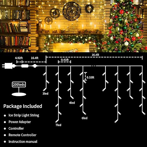 Miniatura 2 de koopower Luces de Navidad de carámbano de 16.4 pies con temporizador, control remoto (regulable, 8 modos), tira de luces impermeables alimentadas