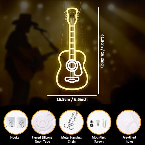 Miniatura 5 de Luz de neón de guitarra acústica, luz LED regulable de pared de neón con alimentación USB, decoraciones para dormitorio, sala de estar, estudio de