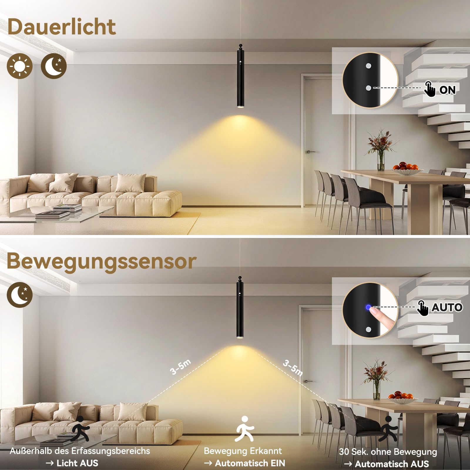 Akku Pendelleuchte 2er Set mit Fernbedienung, 8W LED Hängelampe, 5000mAh Pendellampe Akku Dimmbar 3 Farben, Timer 15-120min & Magnetisch Höhenverstellbar, für Küche, Esstisch, Wohnzimmer