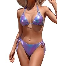 Womens Triangle Halter Metallic Gold Bikini Sets Dual Straps Side Tie Two Piece Bathing Suit Sexy String Swimsuit Swimwear
