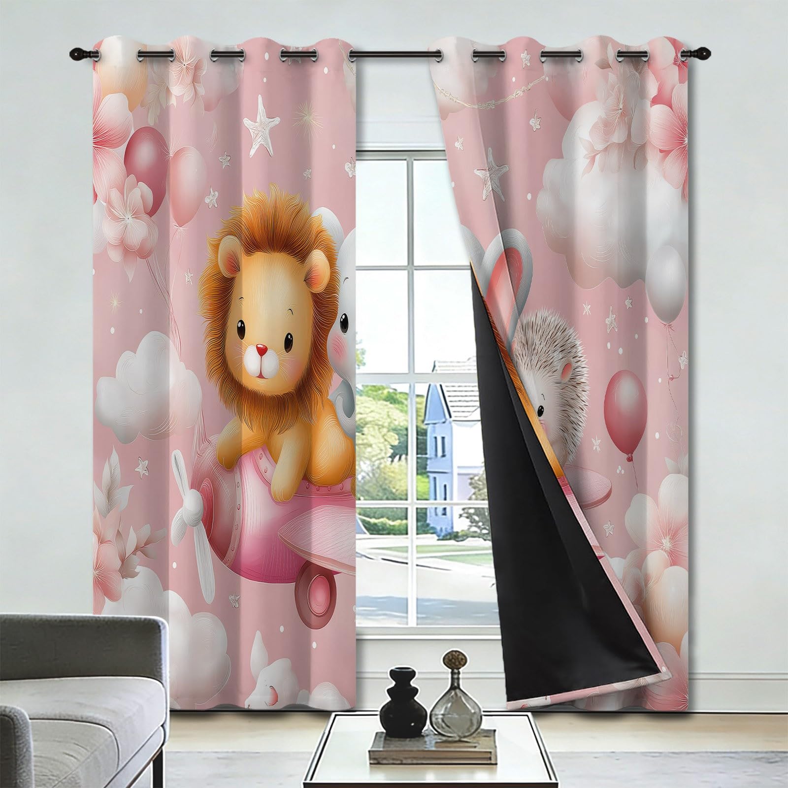 Rideau Occultant Thermique Isolant Anti, Style Continu Mignon Animaux Aéronef Rideaux Fenêtre Opaques à Oeillets Anti Froid UV Bruit, pour Pouponnière Chambre Bébé Chambre Fille 140L x 215H cm Rose