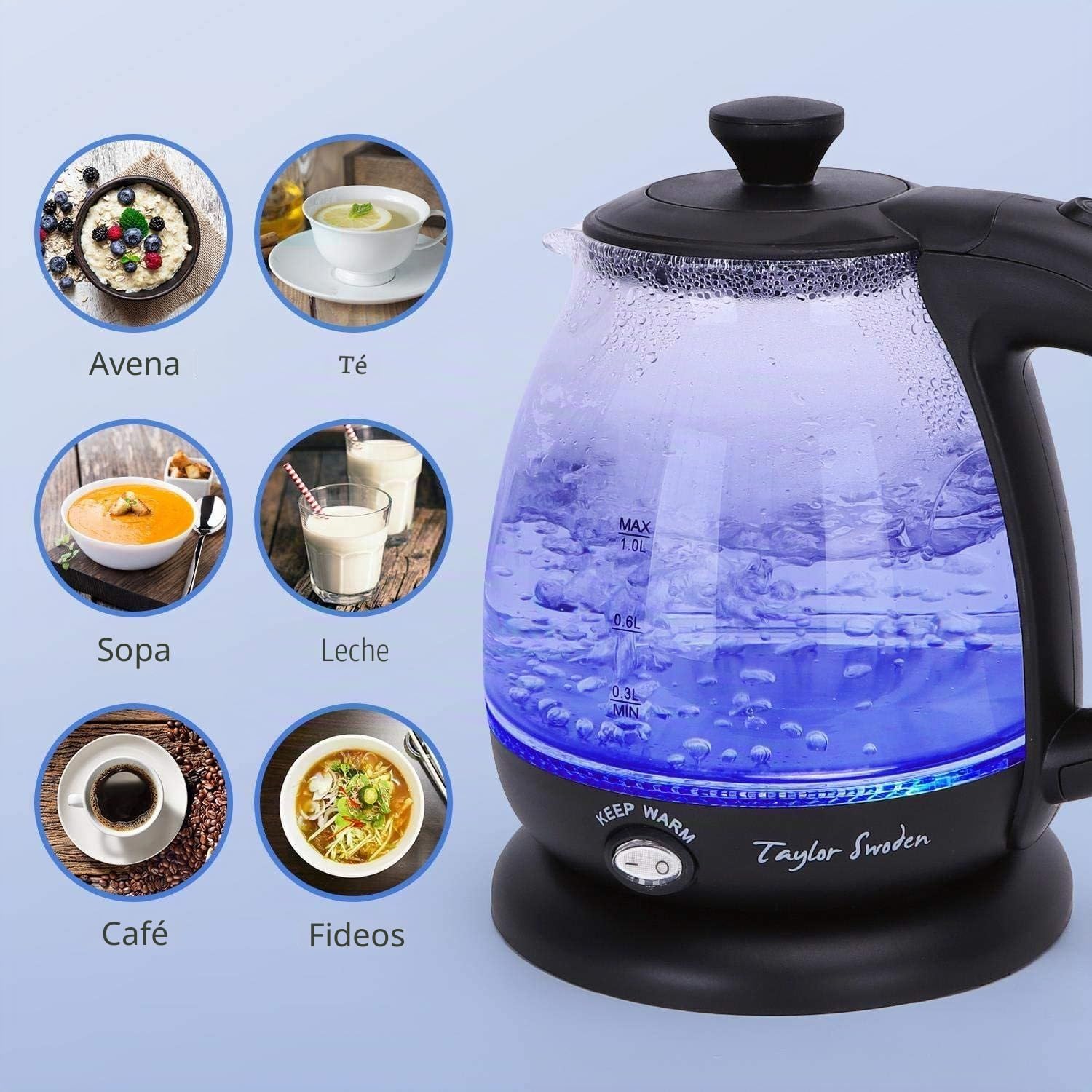 Taylor Swoden Abel - Hervidor de cristal de 1 litro, 2200W, Hervidor de agua eléctrico con iluminación LED libre de BPA, función mantener caliente, con infusor y filtro extraíble, 2 piezas
