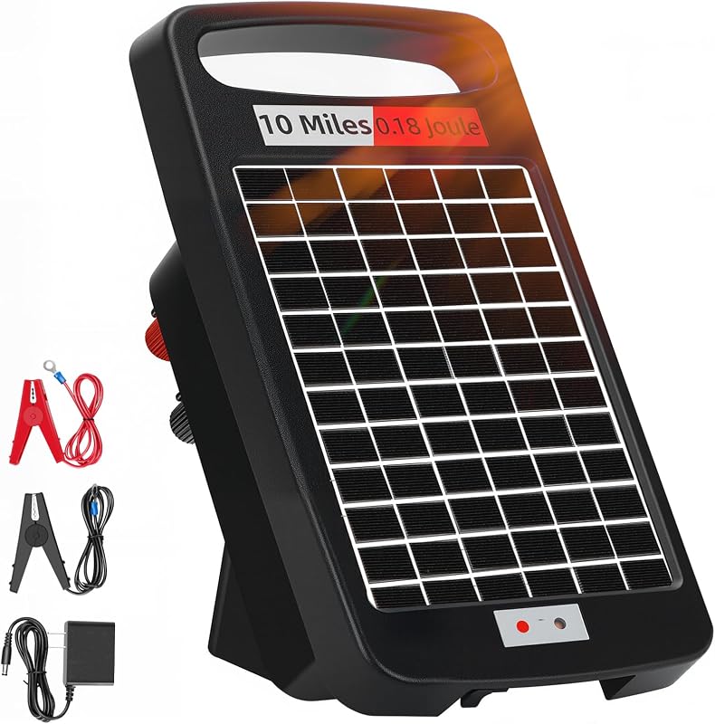 Cargador de cerca eléctrica con energía solar de 10 millas, portátil de 0,18 J para ganado | Modo día/noche 24/7, panel solar portátil/potencia dual de CA, salida de 10200 V, resistente a la intemperie, fácil configuración, disuade a los depredadores para jardines