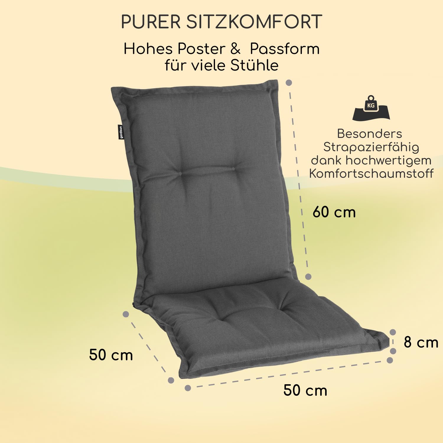 Gartenstuhlauflagen Niedriglehner, 6er Set, Grau | Extra Dick 8 cm, Oeko-TEX, UV-beständig, Made in EU, Outdoor Auflagen für Gartenstühle
