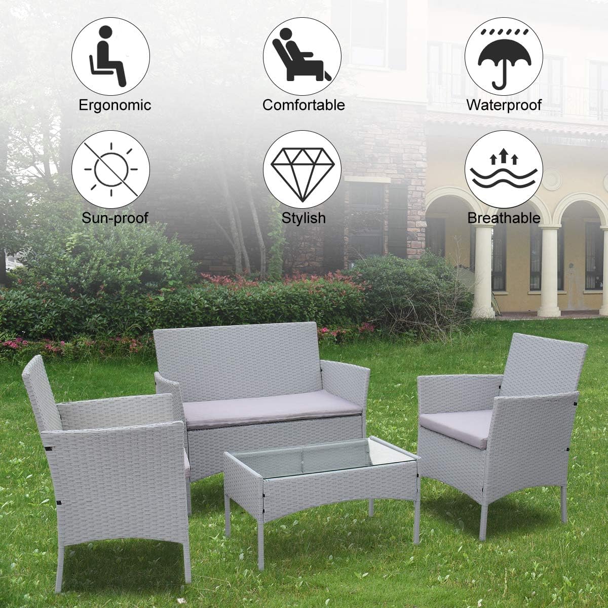 bigzzia - Juego de Muebles de Patio, Sofá Seccional para Todo Tipo de Clima, Tejido Manual, Mimbre y Ratán, Juego de Conversación para Patio con Cojín y Mesa de Vidrio
