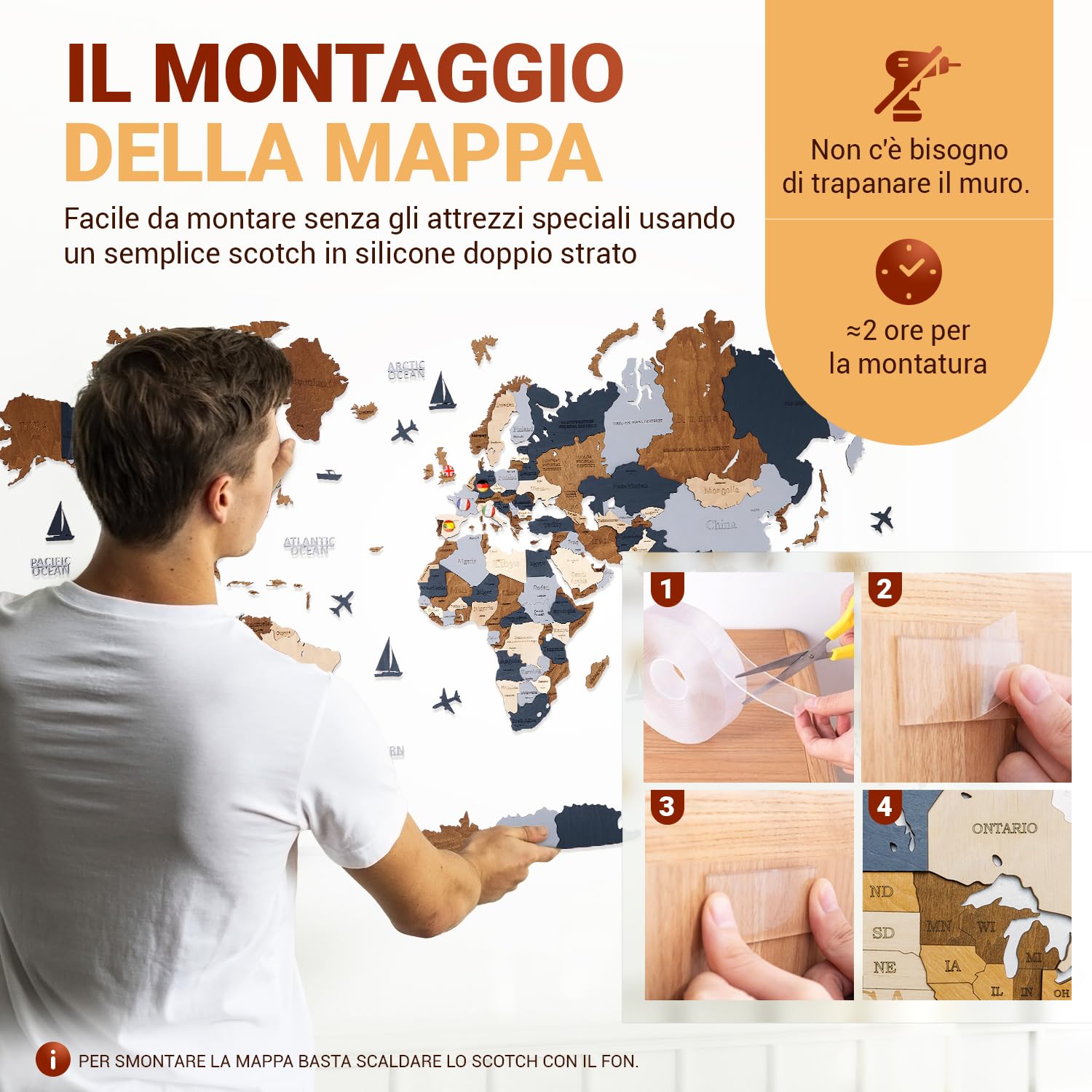 WOW WOOD Drewniana Mapa Świata - Italia (Ciemnobrązowy, 113.00 x 213.00 cms)