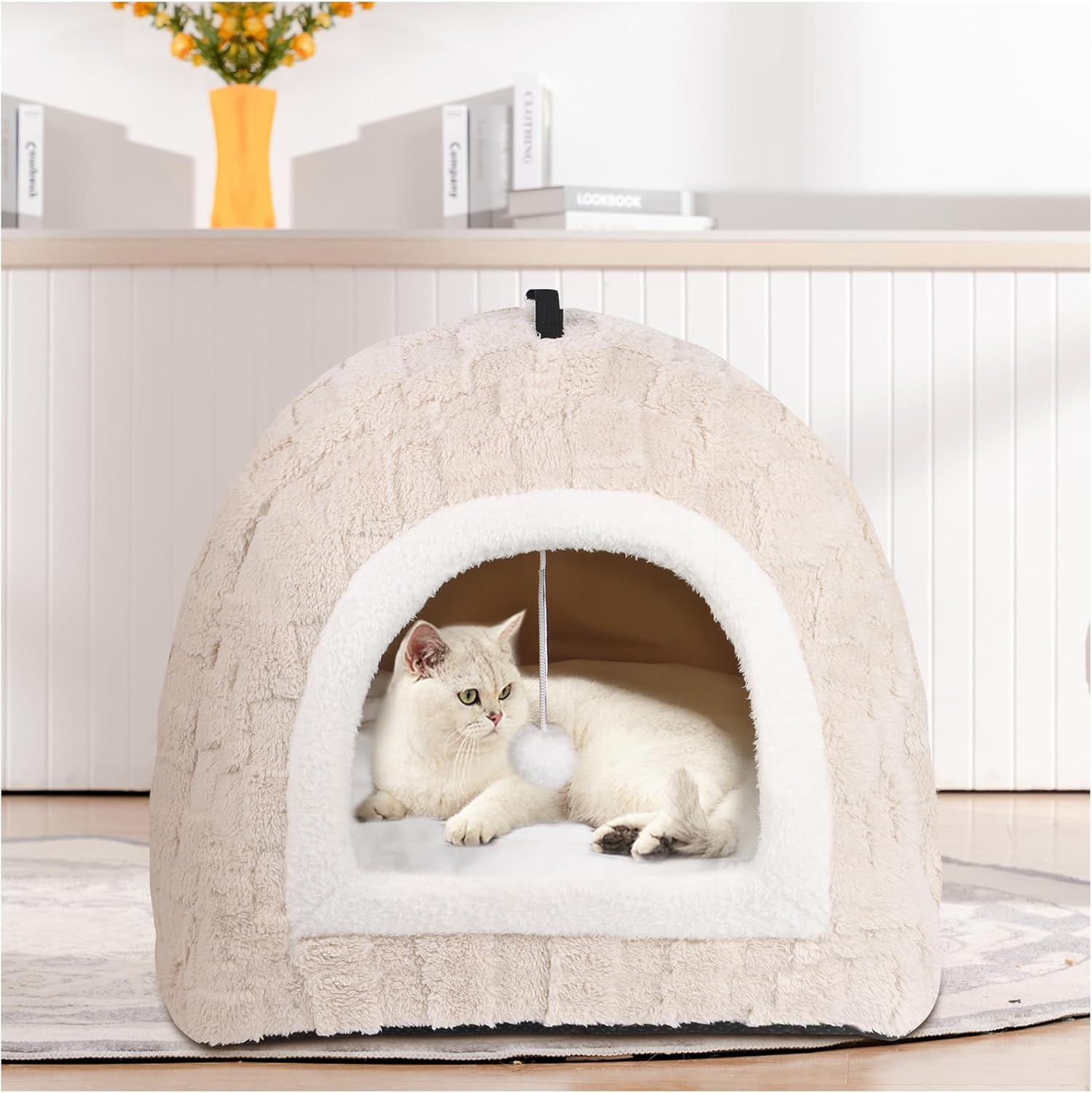 Cat Beds for Indoor Cats. - Cute Cat Bed Cave with Hanging Toy. Calming Cozy Soft Cat Hut. No Deformation Pet Bed. Small Cute Cat Houses with Removable Washable Cushioned Pillow Large white