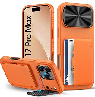 for iPhone 17 Pro Max Wallet Case with Camera Cover Kickstand, Card Holder (3-5 Cards), Military Grade Drop, Heavy Duty Women Men Protective Phone Case for iPhone 17 Pro Max 6.9" 2025, Orange - Amazon product rated Grade A