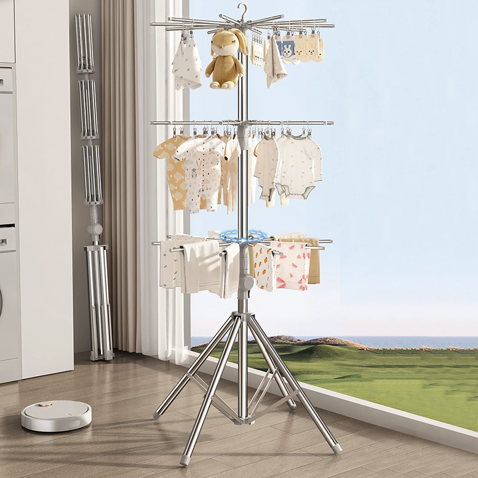 FAXIOAWA Tendedero Plegable para Ropa, de Acero Inoxidable, para Ropa, Toallas, Productos para bebés, Altura Ajustable, Suelo Plateado