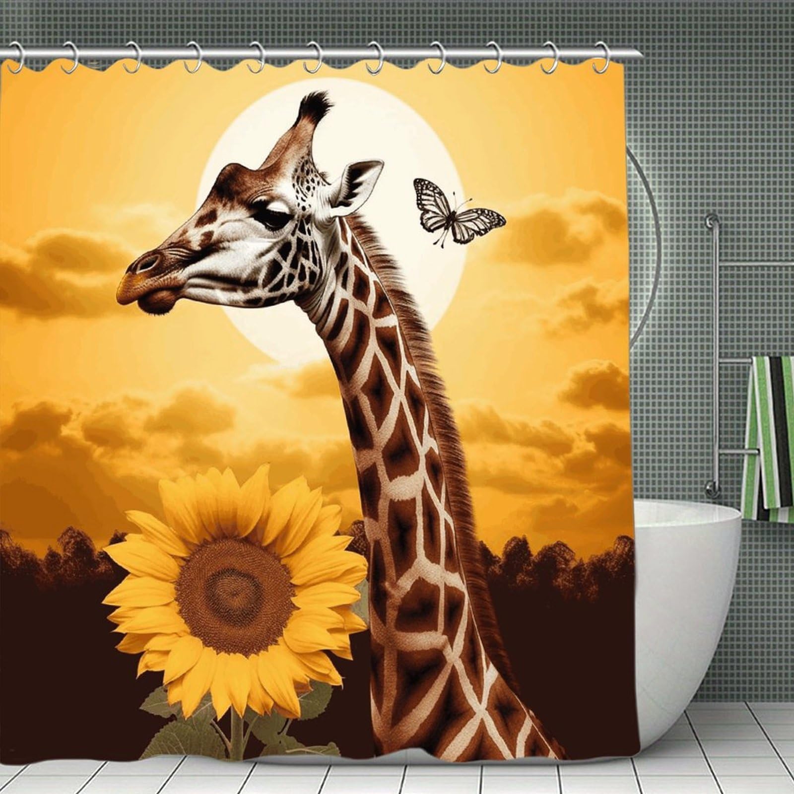 FekiLoot Giraffe and Sunflower Shower Curtain Minimalist Aesthetic Bath Curtain with Hooks Simple Water Resistant Bathroom Shower Curtains Cute Blackout Privacy Curtains Cloth Curtain