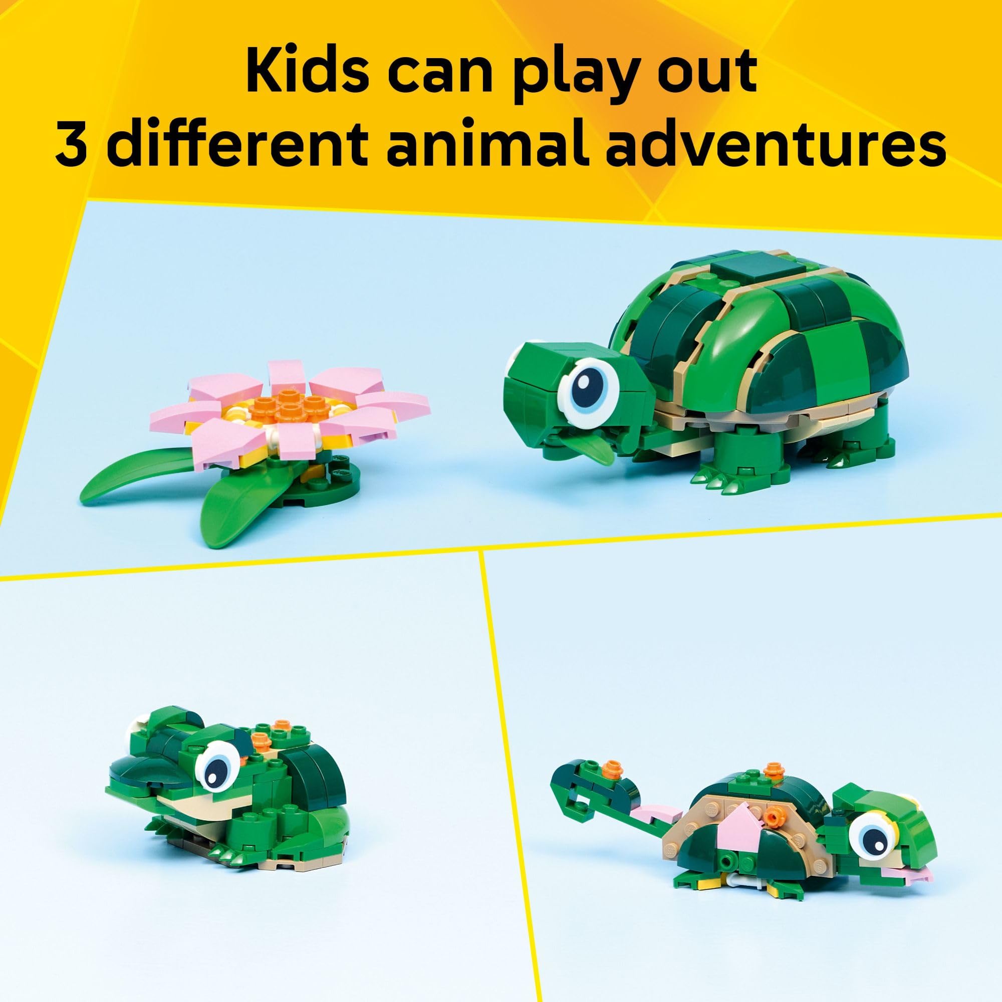 LEGO Creator 3 in 1 Turtle with a Water Lily Flower Building Toy for Girls & Boys - Kids Build a Chameleon, Frog, or Turtle Toy Figure - Gift Idea for Animal Lovers, Ages 7+ - 31377