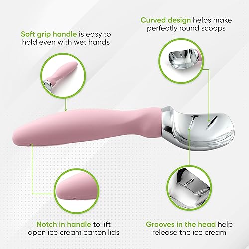 Vista 13 de Spring Chef Cuchara de helado rosa resistente con mango de agarre suave, cuchara de helado profesional, cuchara de helado de metal para masa