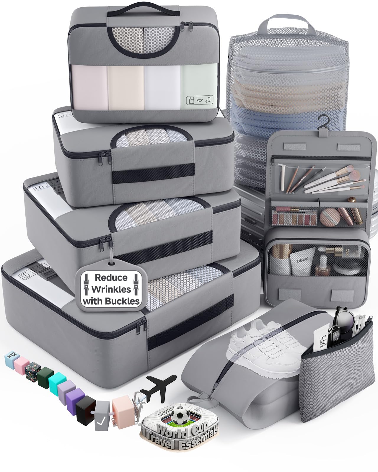 veken 8 set packing cubes for travel essentials, suitcase organizer bags in 4 sizes, carry-on luggage accessories with large laundry & hanging toiletry bag, must-have for airplane, road trip & camping