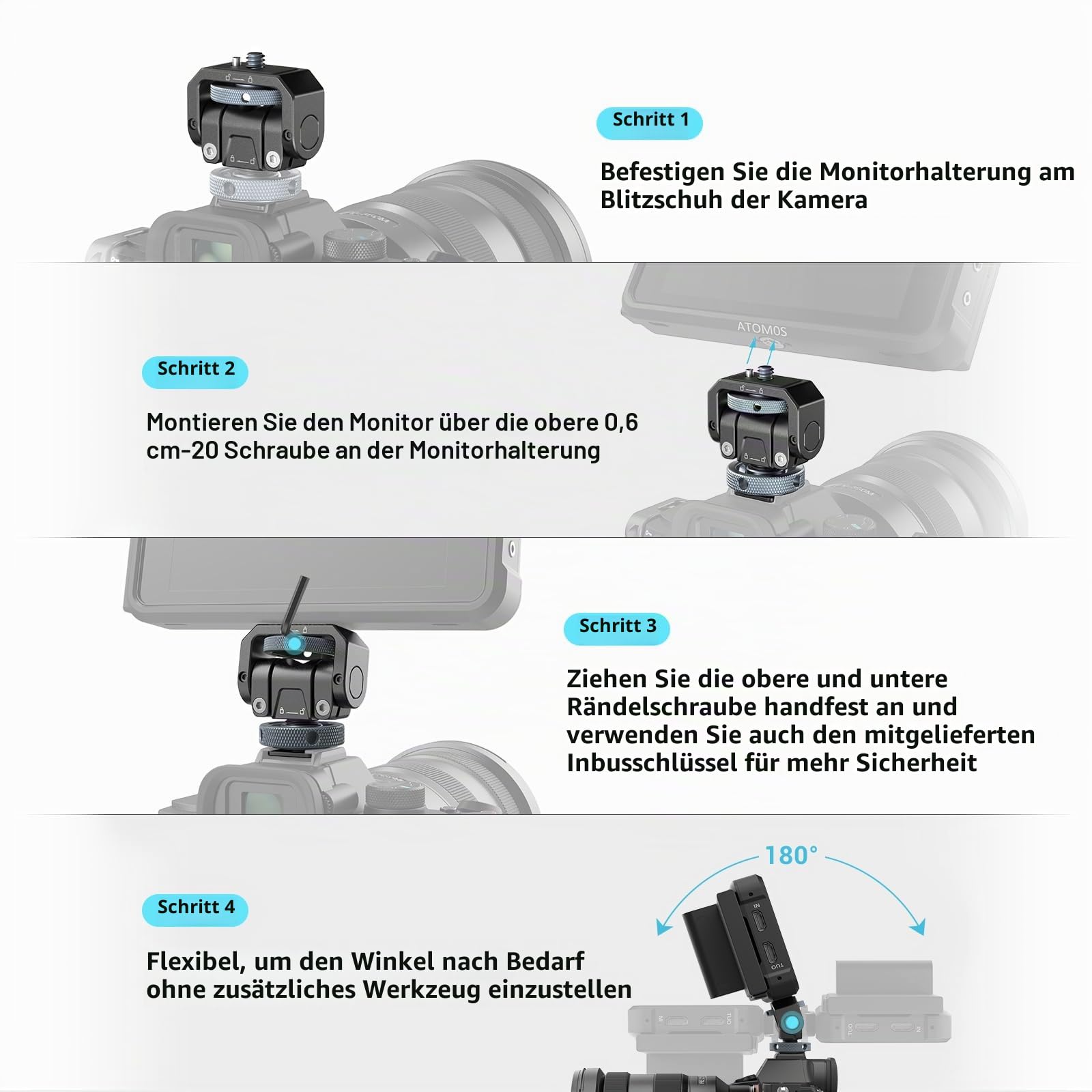 SMALLRIG Kamera-Monitorhalterung Lite mit Blitzschuh, 360° schwenkbar und 180° neigbar, Halterung für Feldmonitor Tragkraft von 90° Neigung 3,2 kg-3809B