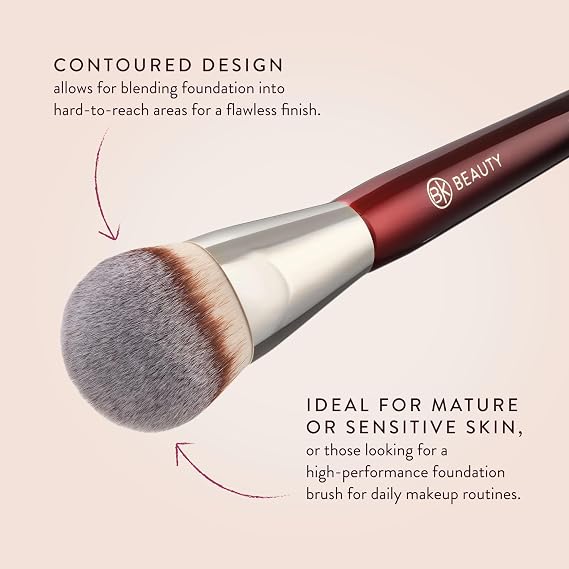 BK BEAUTY 101 Contoured Foundation Brush for Liquid & Cream Makeup | Vegan, cruelty-free synthetic fiber bristles with wood handle and aluminum ferrule. Color: Burgundy.