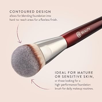 BK BEAUTY 101 Contoured Foundation Brush for Liquid & Cream Makeup | Vegan, cruelty-free synthetic fiber bristles with wood handle and aluminum ferrule. Color: Burgundy.