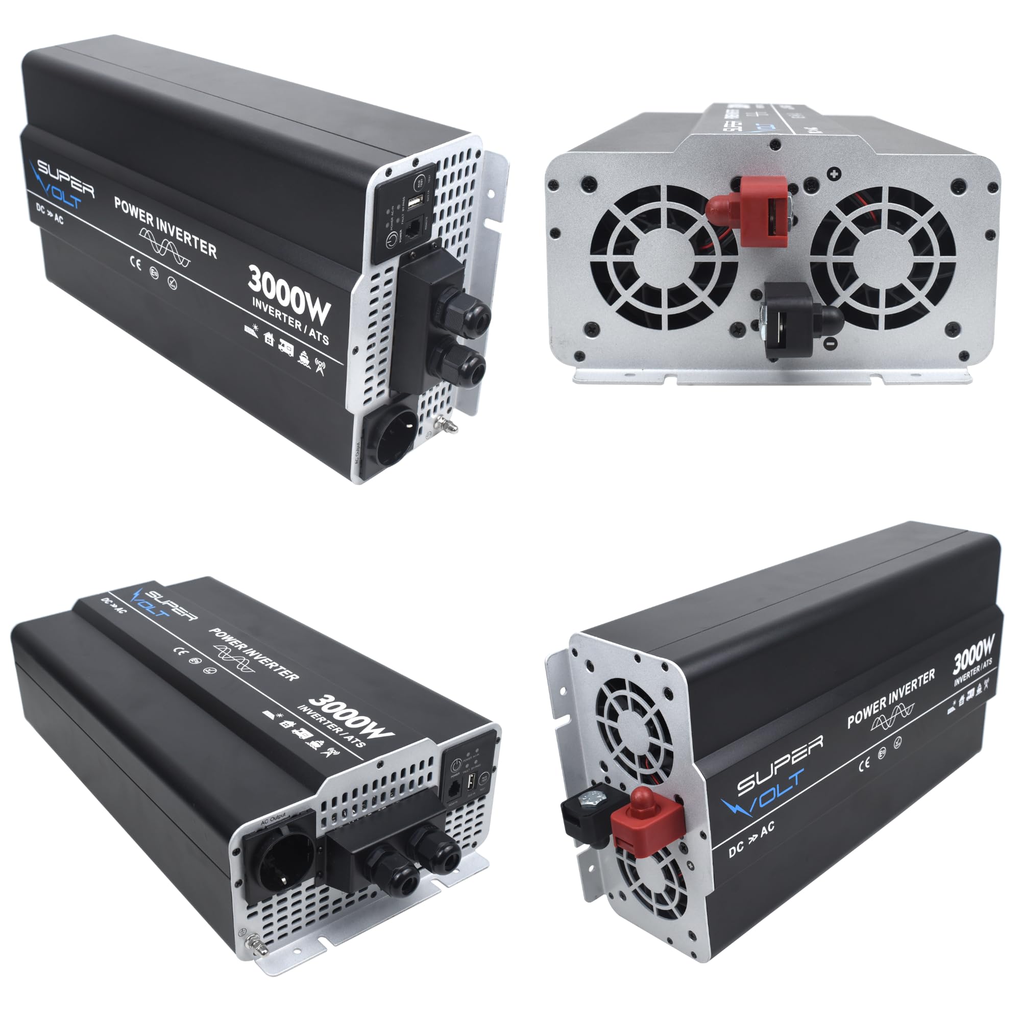 Falownik 12 V na 230 V, 3000 W, czysty sinus z przełącznikiem priorytetowym i ochroną FI, do wrażliwych urządzeń, z pilotem zdalnego sterowania, USB i puszkami Schuko, idealny do kamperów