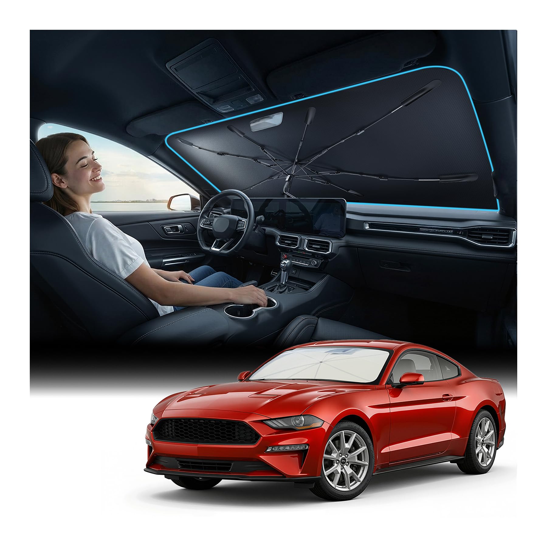 Nmoiss Windshield Sun Shade Umbrella for Mustang - [Vinyl Coating Heat Shield] Protect Car from Sun Rays & Heat Damage Keep Cool and Protect Interior, Spring Structure Edge