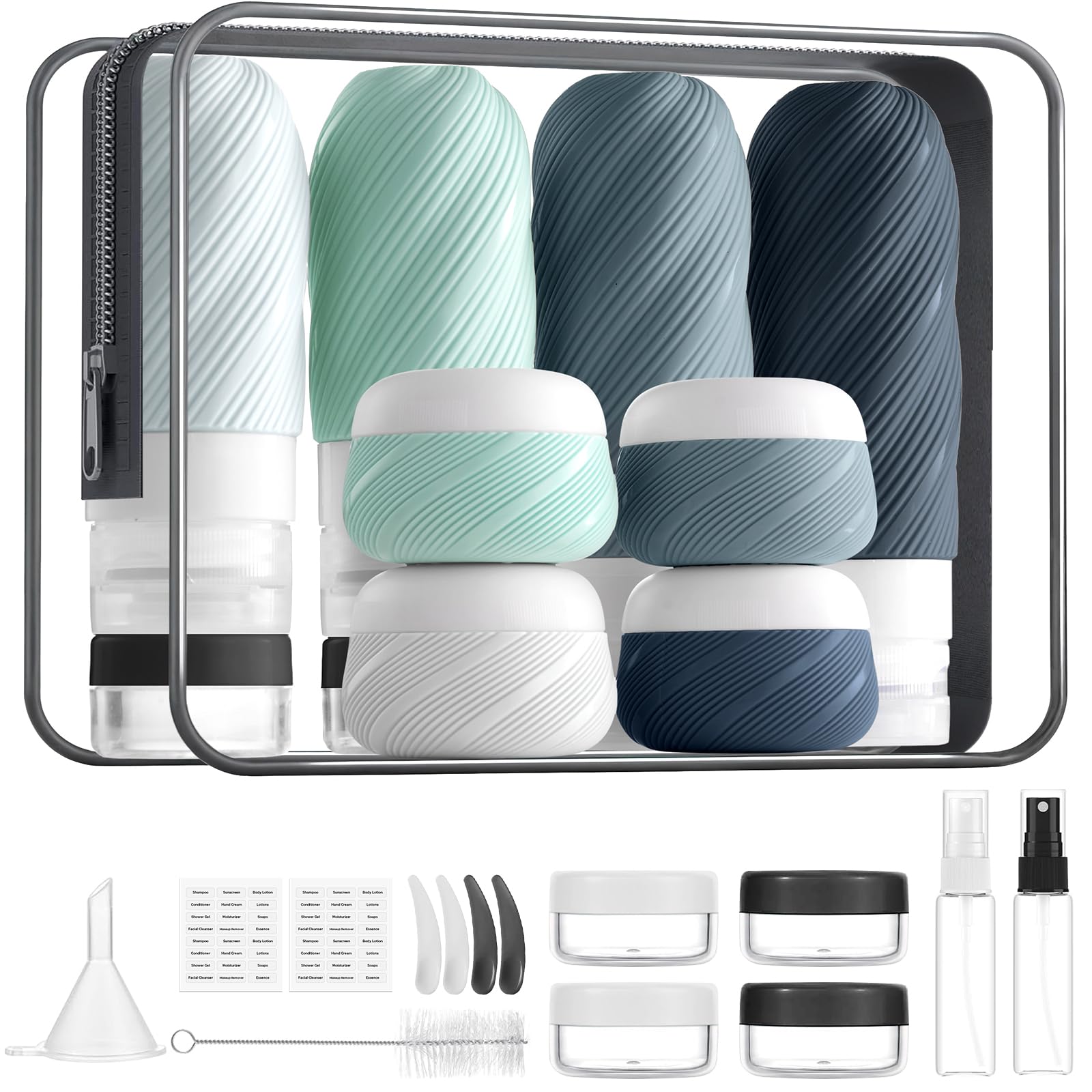 23 Pack TSA Approved Travel Bottles for Toiletries, Leak Proof Refillable Travel Size Containers Kit with Silicone Squeezable Bottles Jars for Shampoo Lotion Conditioner, in Clear Bag, Grey