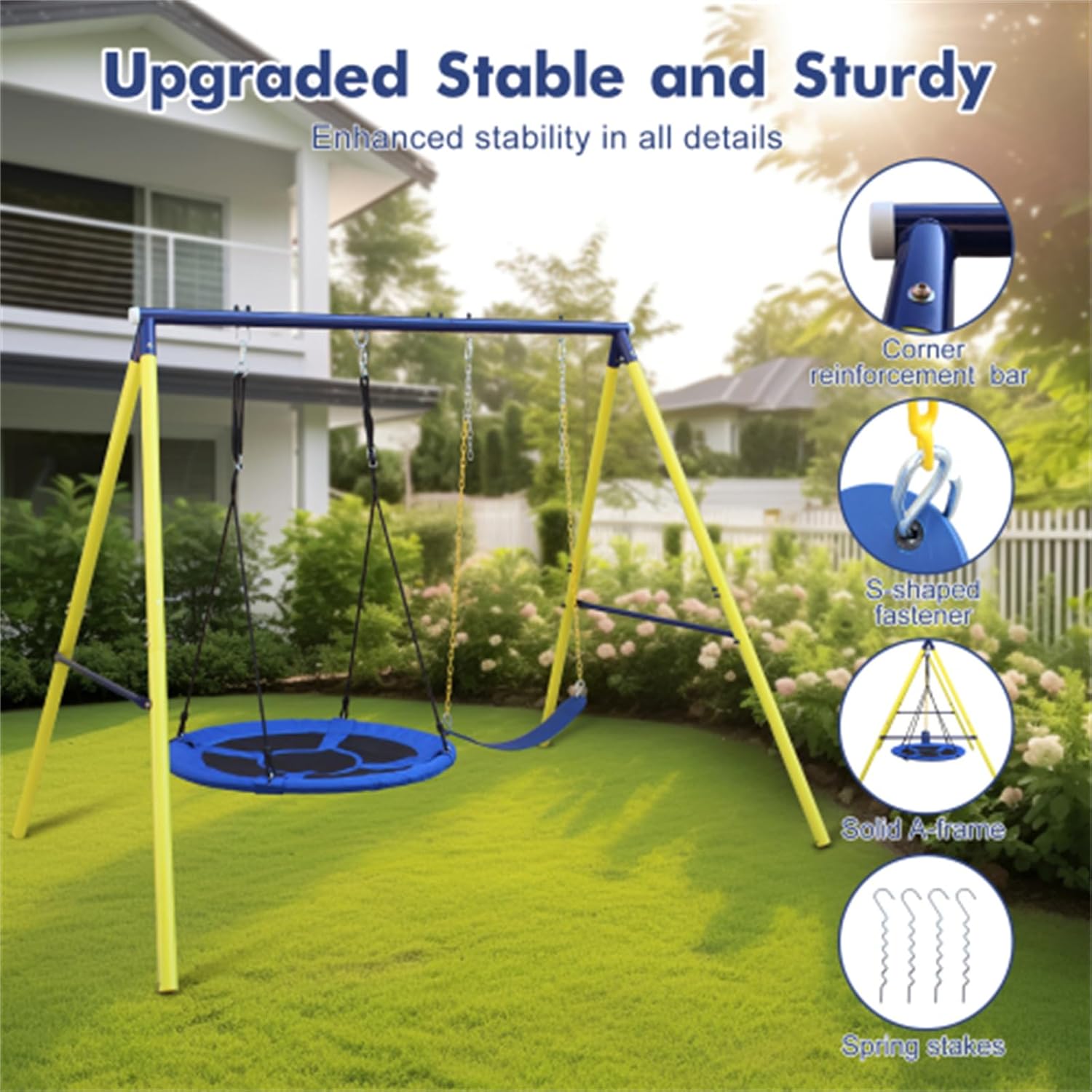 Children's Swing, 2-seat Swing, Outdoor Toy Facility, Metal Swing Frame with Flying Saucer, with Safety Belt, Outdoor Playground, Outdoor Play Equipment