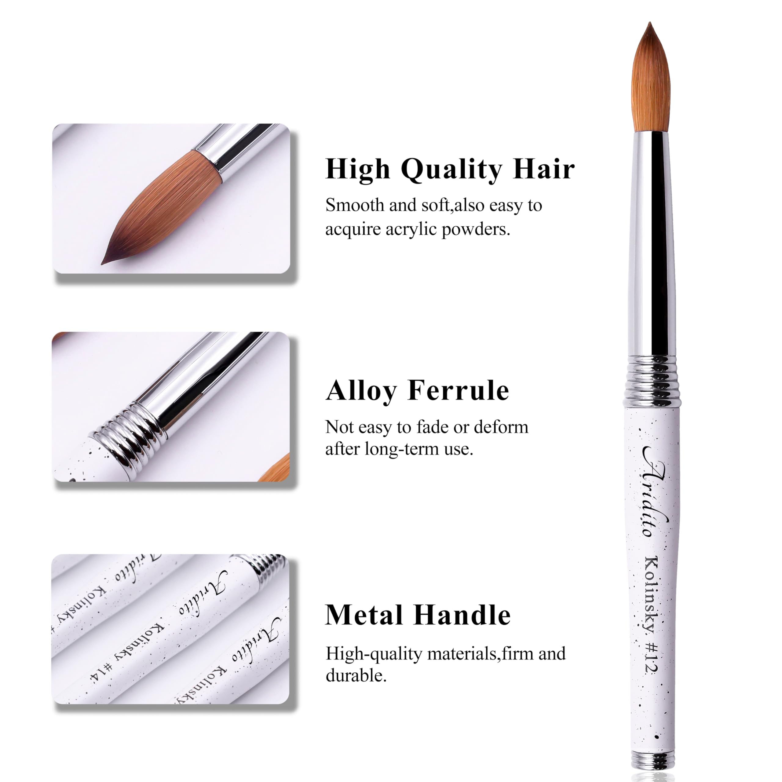 Kolinsky - Pincel acrílico de cabeza redonda 100 % puro, mango de metal blanco para manicura profesional, salón en casa (#8#10#12#14#16#18) (Blanco, #16)