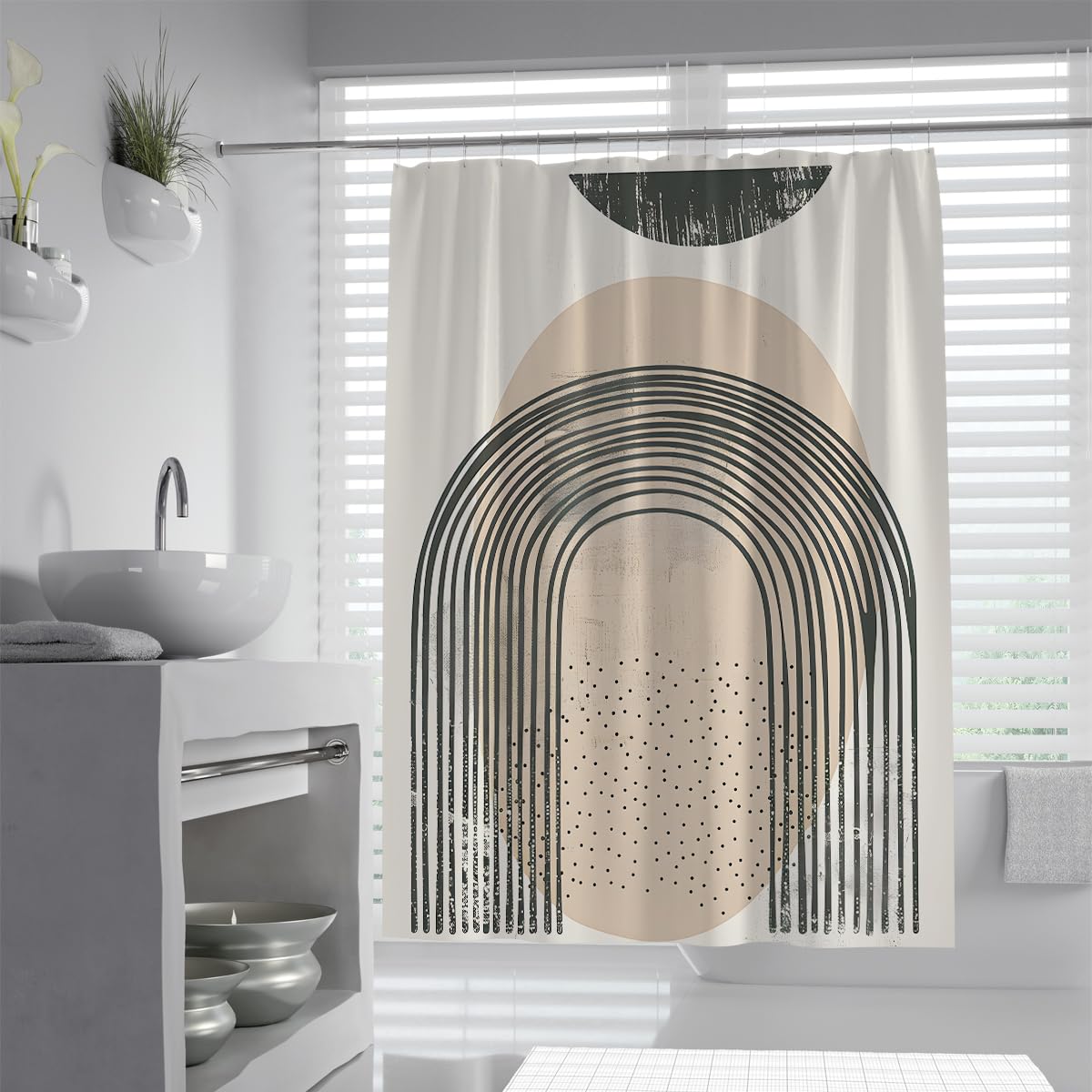 Uiringart Shower Curtains Beige Boho Geometric Arch W180xl200cm Abstract Minimalist Anti Mould Waterproof Bathroom Shower Screen Decor With Hook