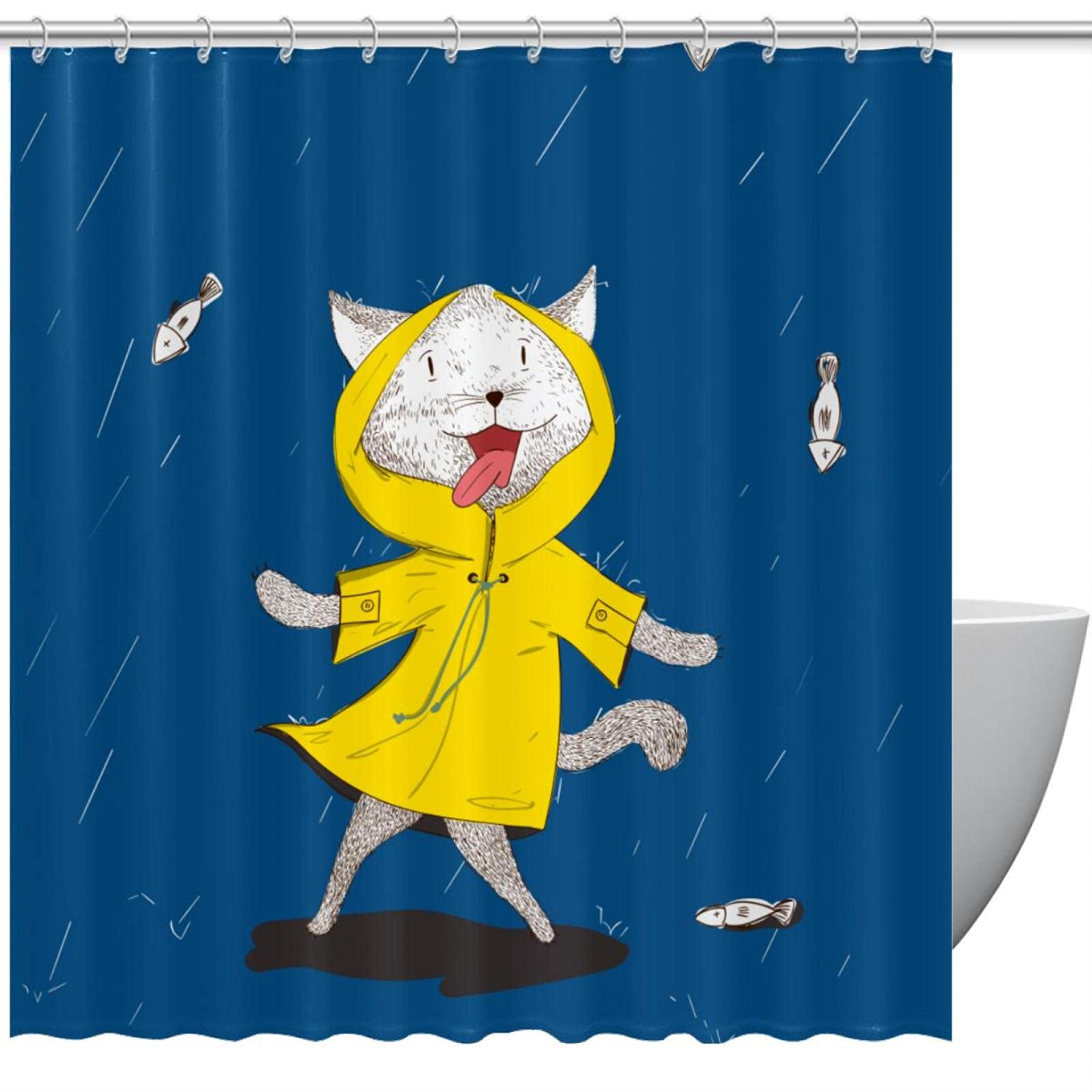 Rideau de douche bleu chat anti-odeur étanche 60x72 avec 12 crochets pour douche et baignoire