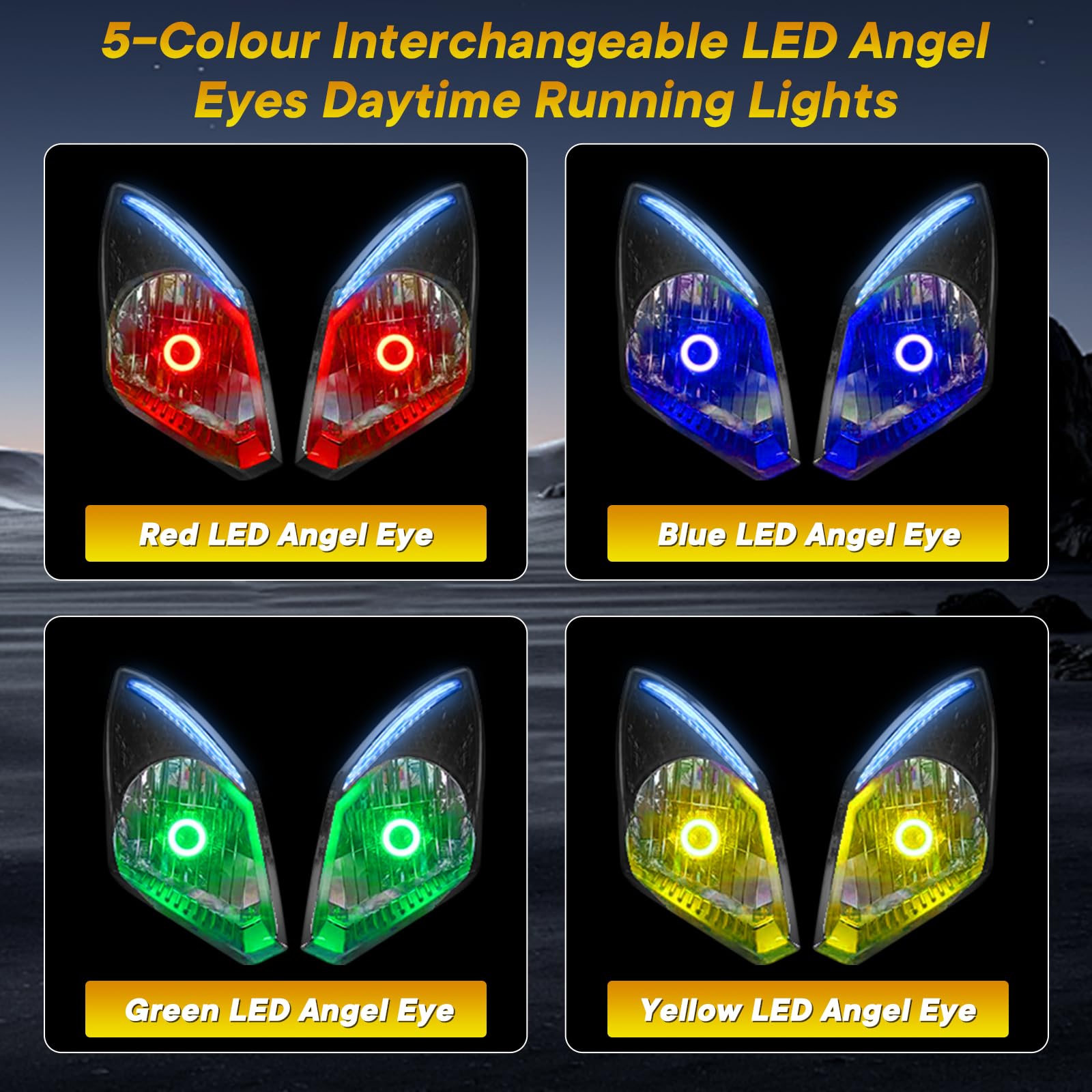 AMOLUO H4 LED Lampadina Per Fari Moto,Occhi Angelo Intercambiabili a 5 colori,HS1 LED Con Modalità Costante Luci di Marcia Diurna, 6000LM 35W 6000K DC12-36V, 1 Lampade