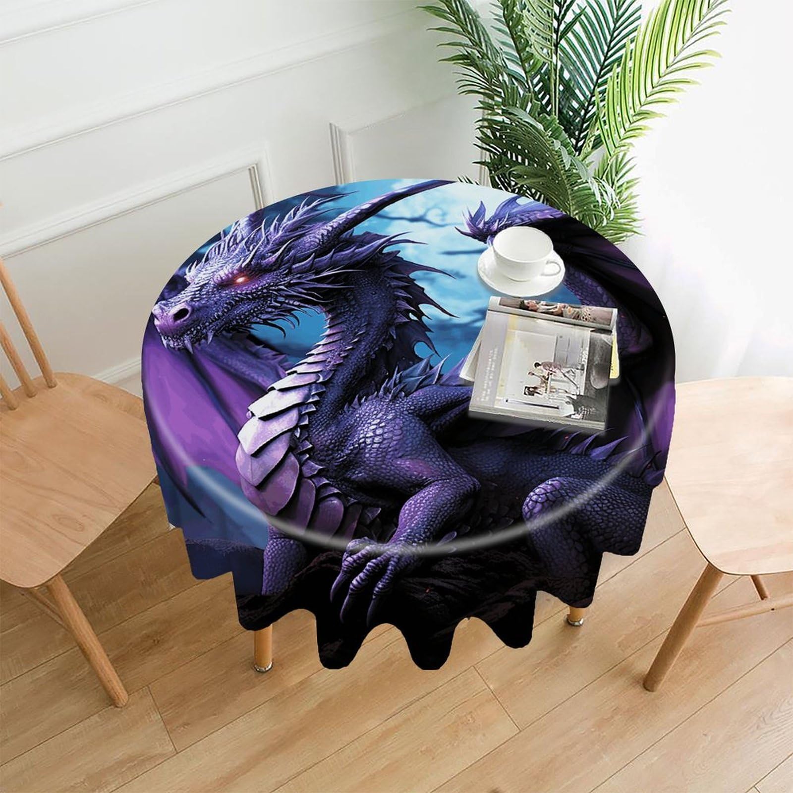 VstaDank Purple Dragon Purple Moon Tablecloth Easy to Clean Polyester Round Table Cover Washable Round Table Cloth Wrinkle-Free Circle Decoration Tablecloth for Kitchen Dining Room 60"