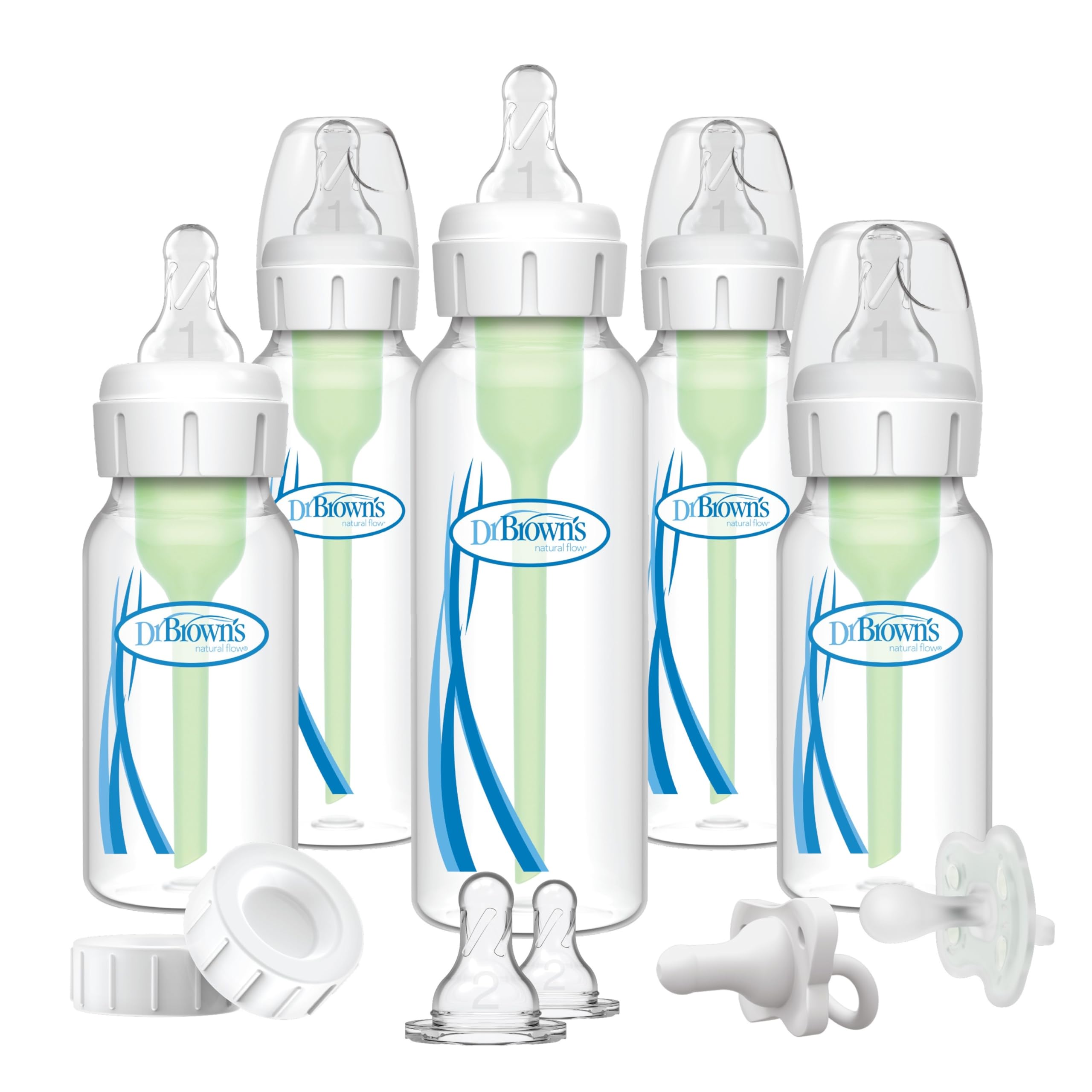Dr. Brown's Natural Flow Anti-Colic Options+ Narrow Baby Bottle Gift Set with Advantage Pacifier & Bottle Travel Caps, 0m+ (Packaging/Pacifier May Vary)
