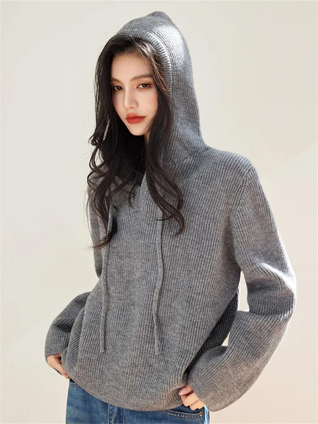Damski sweter z kapturem leniwy styl luźny styl chłopaka dzianinowy top jednolity kolor sweter z długim rękawem