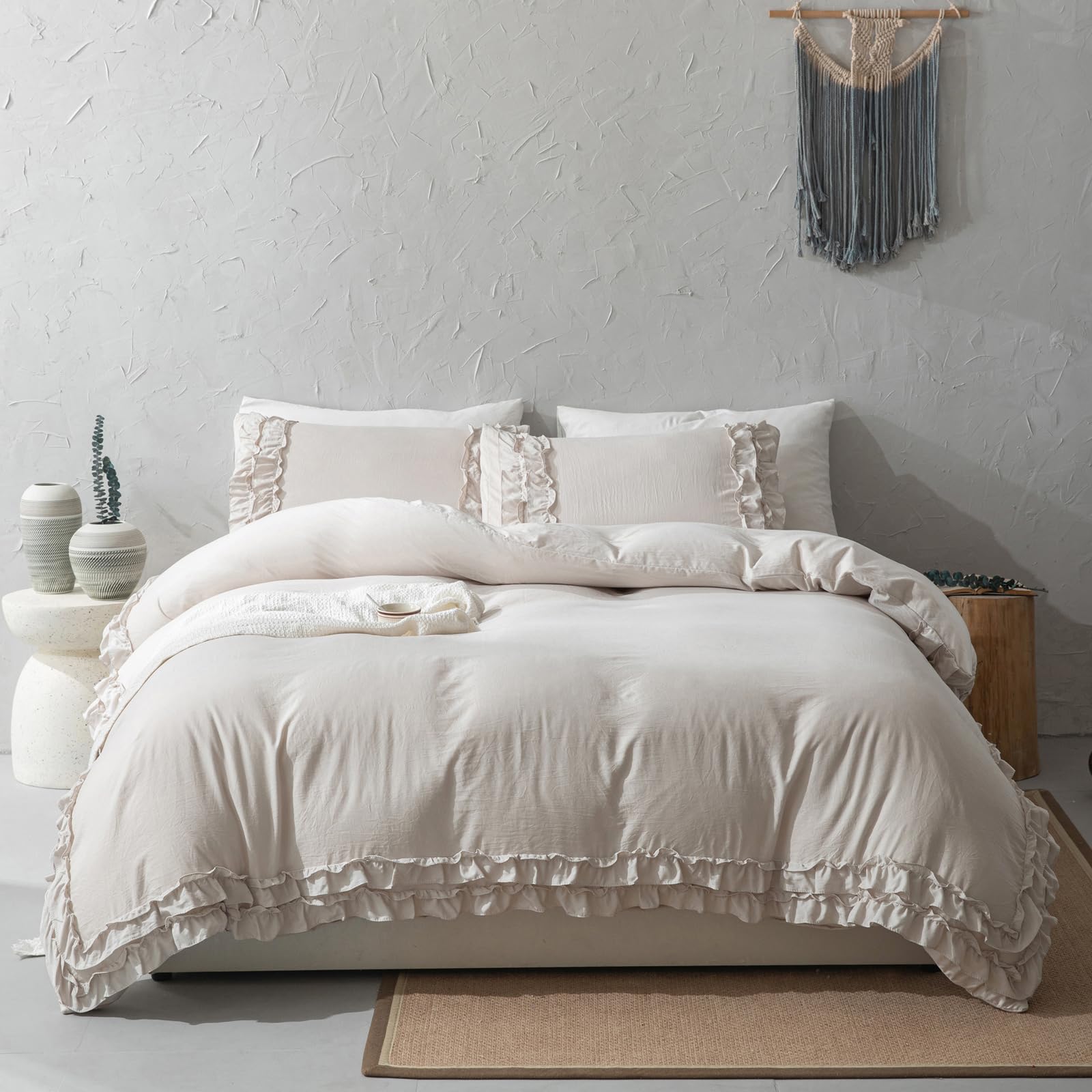 Herside Beige Duvet Cover Boho Vintage Bedding Cover 2 Pcs Beige Ruffle Quilt Cover Aesthetic Room Decor Ultra Soft Breathable Farmhouse Bedding Set with Zipper Closure,No Comforter (Beige,160 * 220)