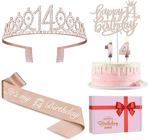 Decoraciones de cumpleaños número 14 para niñas, incluyendo banda y tiara de cumpleaños 14, velas de cumpleaños de 14 y adornos para pasteles,