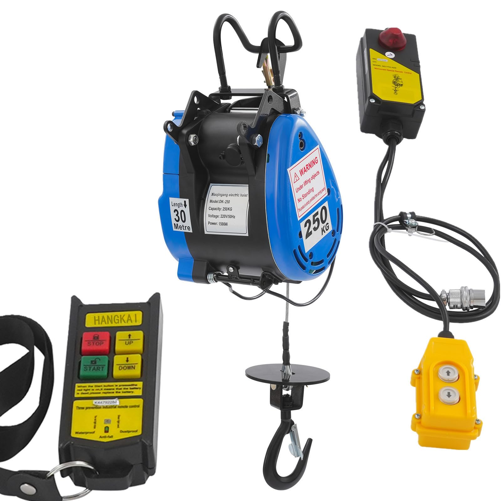 Verricello elettrico mobile, 230 V, 250 kg, portata 19 m/min, telecomando senza fili (100 m), con batteria, manico di controllo del cavo, 1500 W, 29 m, altezza di sollevamento 30 m, fune metallica