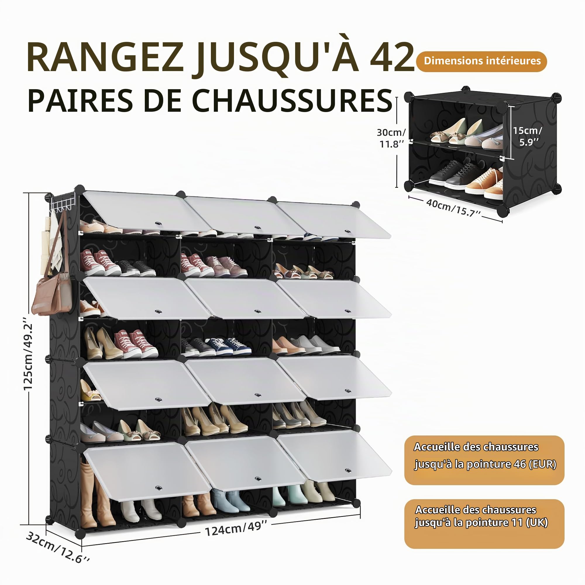 Mondeer Meuble Chaussure 12 Compartiments,pour 42 Paires,Plastique,Noir