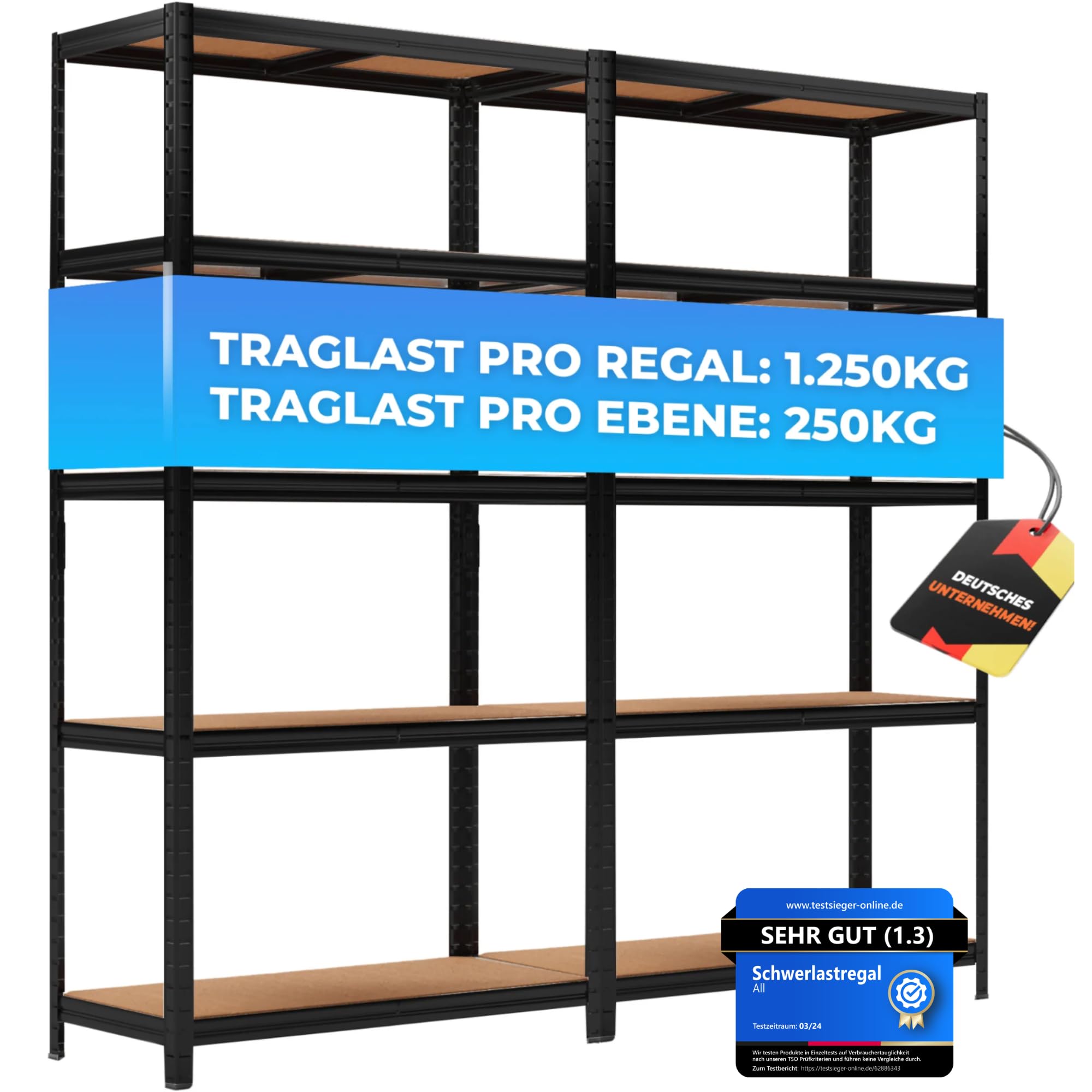 ALL Premium Schwerlastregal 180x90x40cm - 2er Set Schwarz 1250kg Traglast stabiles Kellerregal Metall, Lagerregal & Vorratsregal ideale Regale für kellerraum, Regal Keller & abstellraum Regal