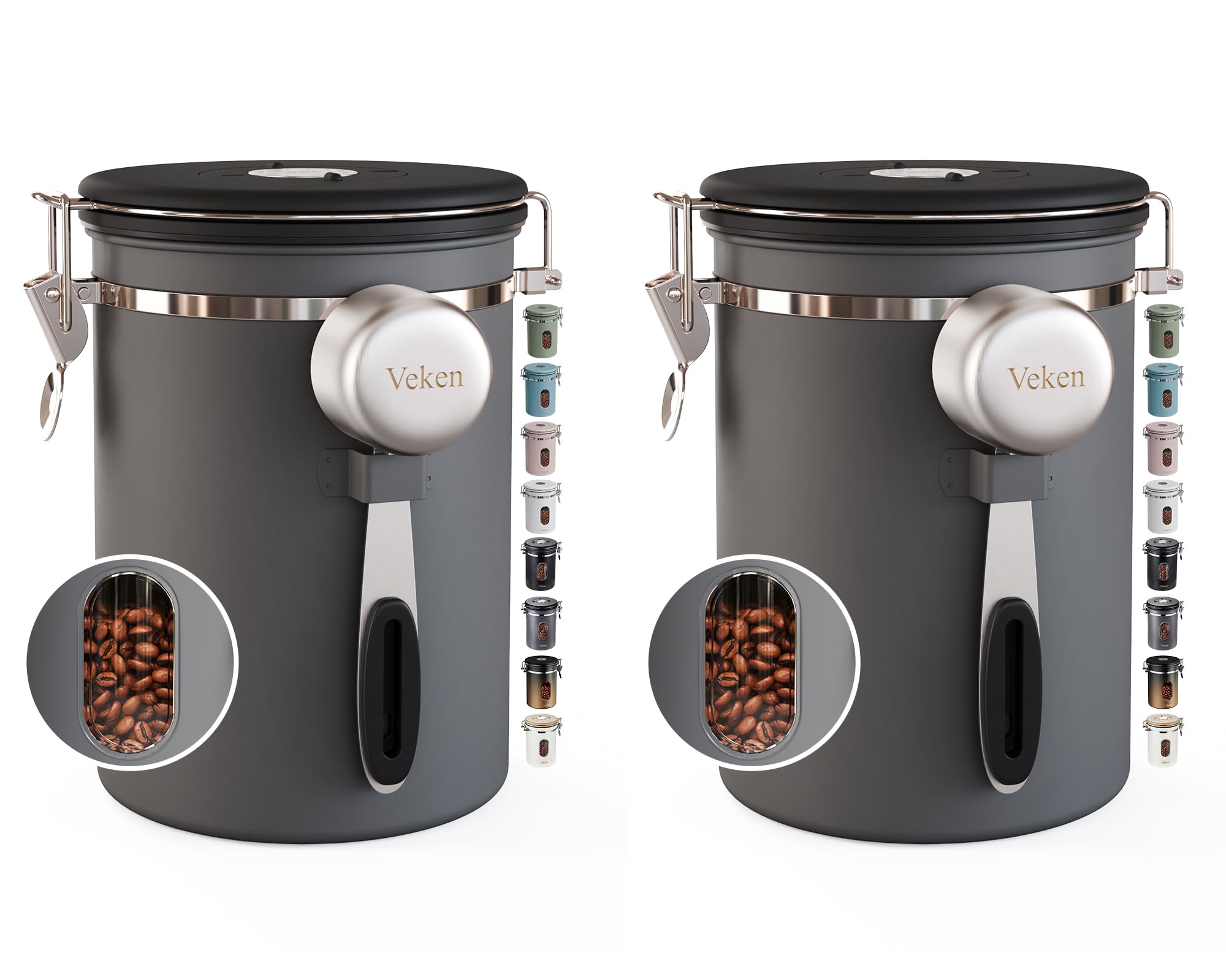 Veken Coffee Canister with Window, Airtight Stainless Steel Container,Date Tracker, Kitchen Food Storage Jars for Beans, Ground, Espresso, Rice,Tea, Sugar, Cereal, Gifts, Scoop, Grey, 22OZ (Pack of 2)